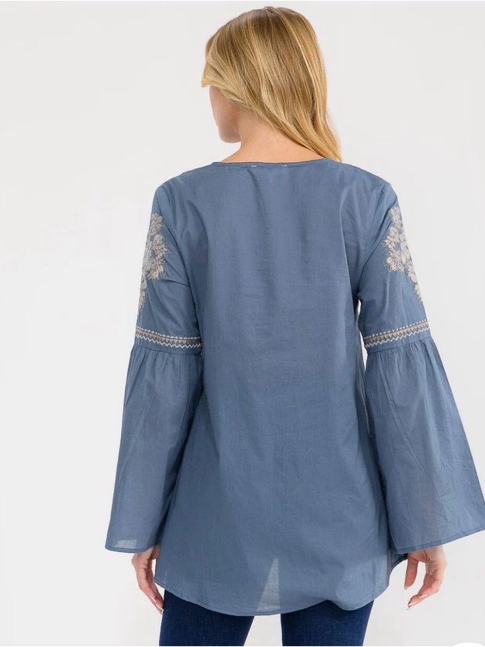 0300.  Embroidered Indigo Blue Bell-Sleeve Peasant Top - Picture 3 of 3
